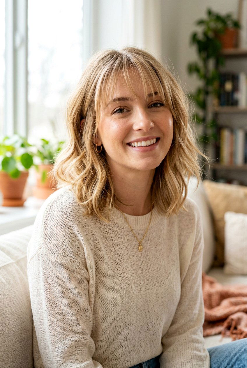 Layered Lob With See Through Bangs - 20 wispy fringe with shoulder length hair - 20 wispy fringe with shoulder length hair