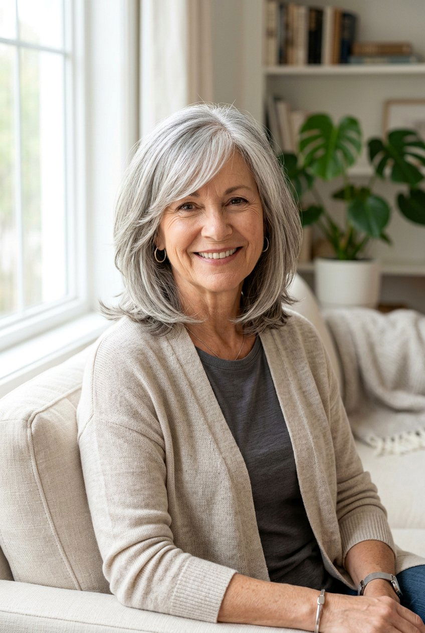 Layered Lob With Side Swept Bangs - 20 low maintenance layered hairstyle for older women - 20 low maintenance layered hairstyle for older women
