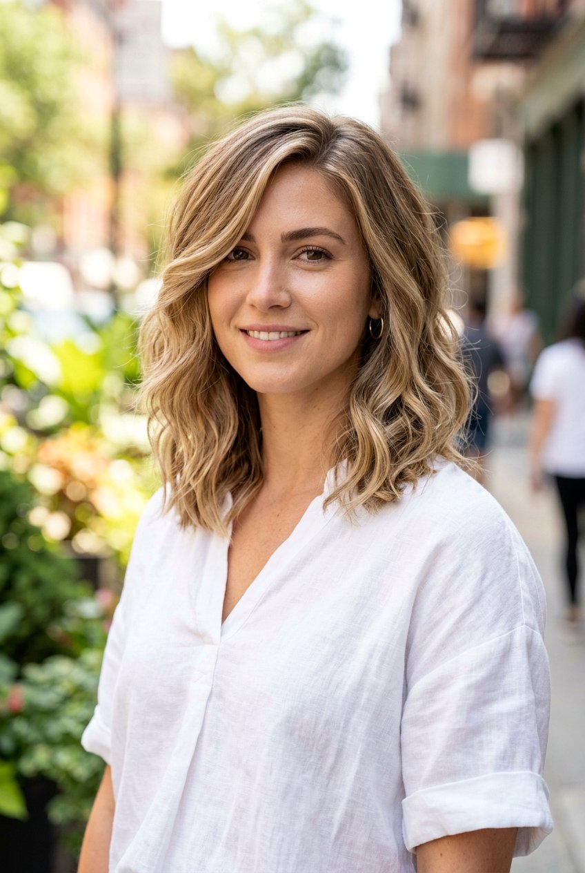 Layered Lob with Side Part - 20 haircuts for big forehead - 20 haircuts for big forehead