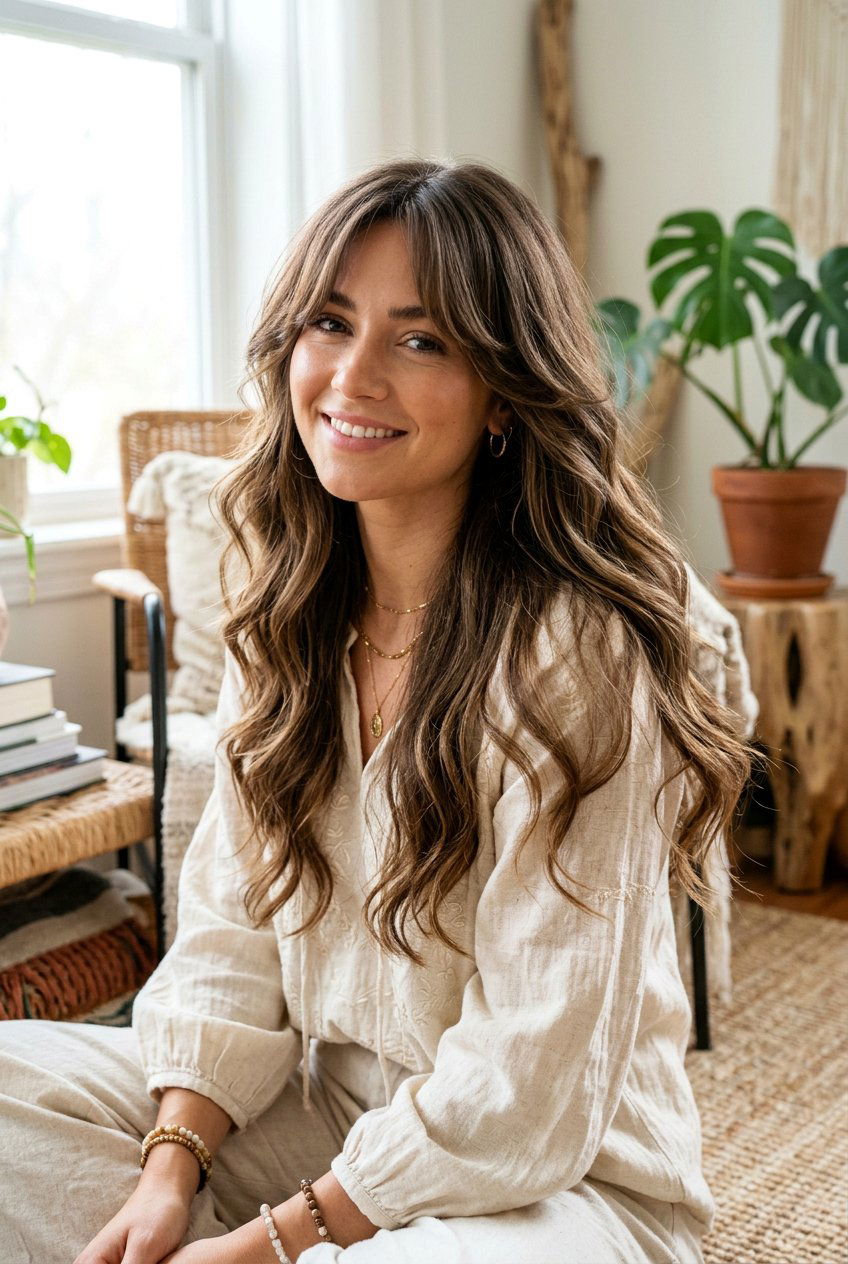Layered Long Hair with Curtain Bangs - 20 hairstyles for small forehead - 20 hairstyles for small forehead