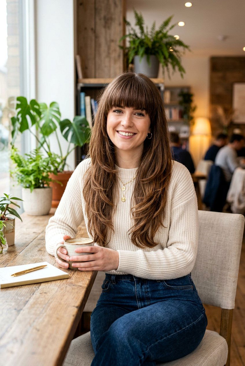 Layered Long Hair with Full Fringe - 20 hairstyles for receding hairline women - 20 hairstyles for receding hairline women