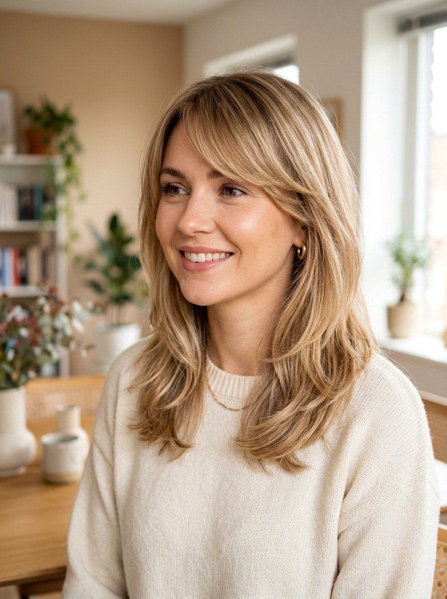 Layered Medium Hair With Side Bangs - 20 hairstyle to reduce width of face - 20 hairstyle to reduce width of face