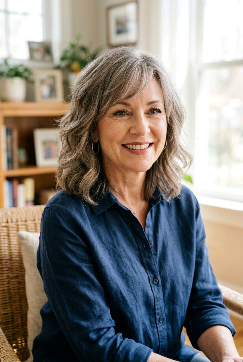 Layered Mid Length Cut With Side Swept Bangs - 20 medium haircut for women over 50 with bangs - 20 medium haircut for women over 50 with bangs