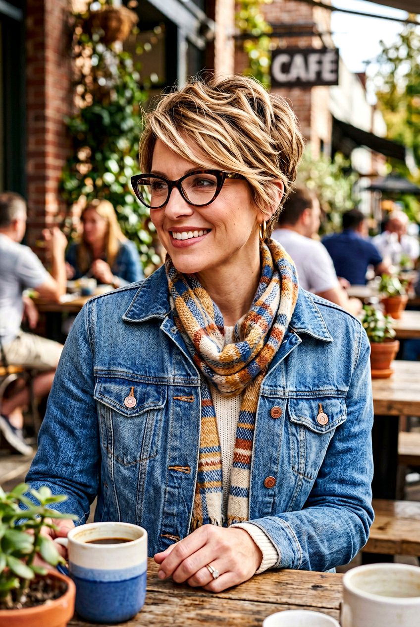 Layered Pixie With Highlights - 20 elegant pixie for mature women with glasses - 20 elegant pixie for mature women with glasses