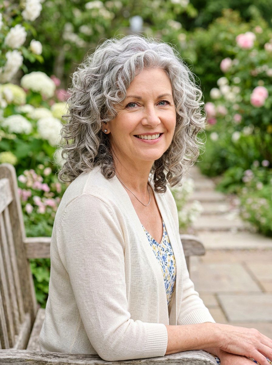 Layered Shoulder Length Gray Curls - 20 shoulder length gray curls for older women - 20 shoulder length gray curls for older women
