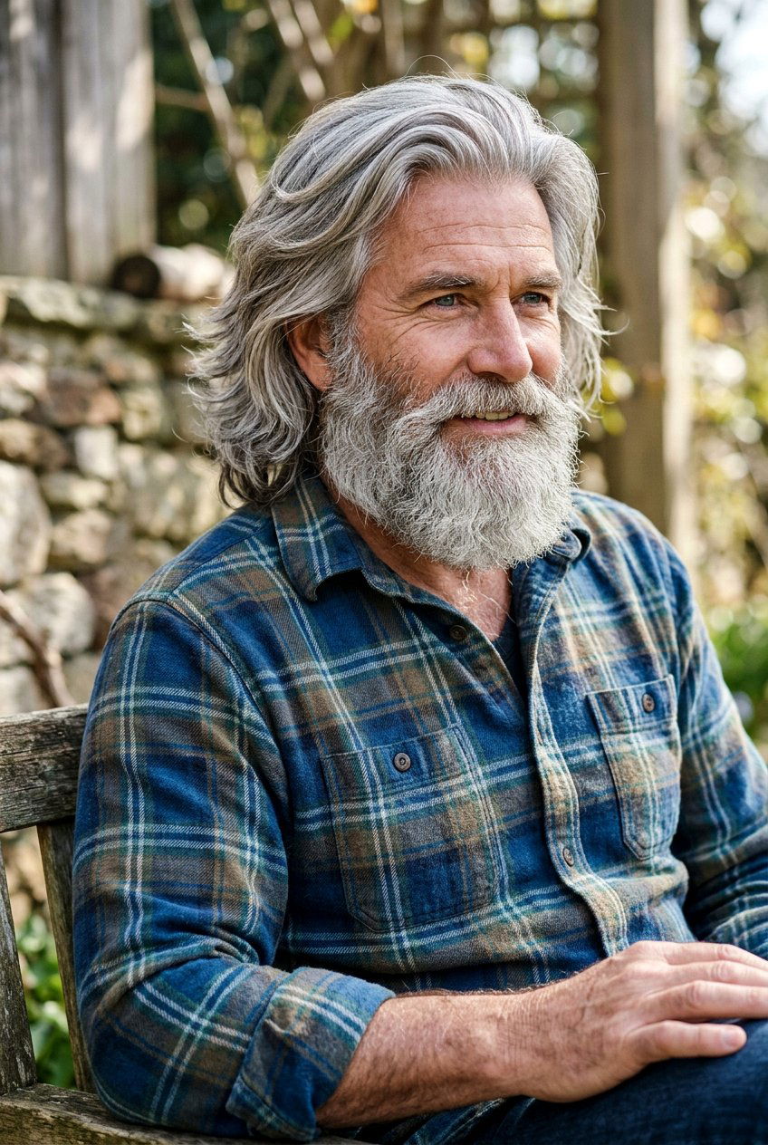 Layered Silver Mane With Beard - 20 long gray hairstyles for men - 20 long gray hairstyles for men