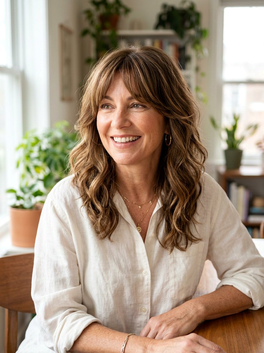 Layered Wavy Shag With Curtain Bangs - 20 wavy shag for women over 50 - 20 wavy shag for women over 50