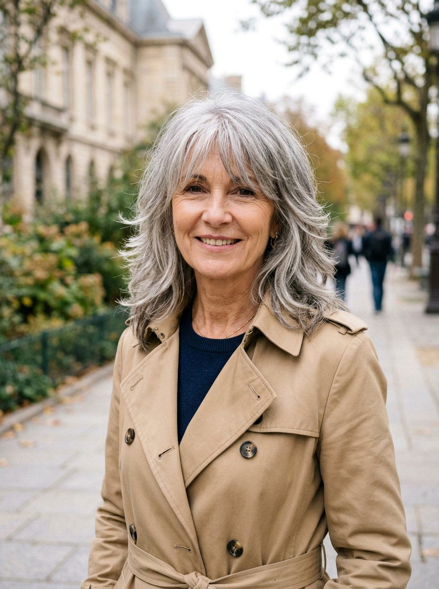 Layered gray hair with bangs - 20 shoulder length gray layered haircut - 20 shoulder length gray layered haircut
