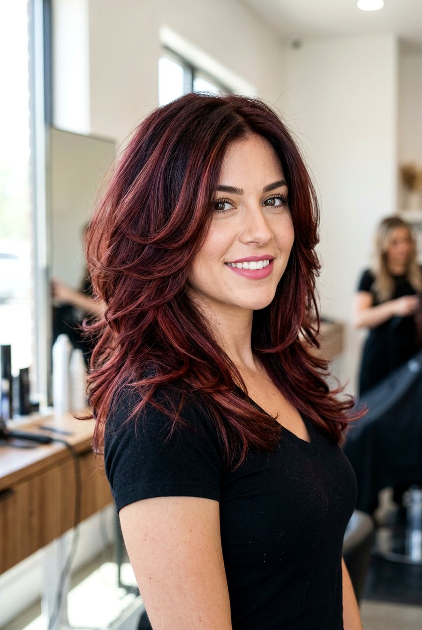 Layered haircut with burgundy balayage - 20 burgundy balayage for mature women - 20 burgundy balayage for mature women