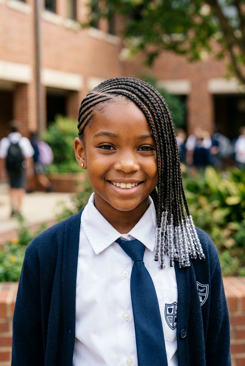 Lemonade Cornrows with Side Part and Clear Beads - 20 school cornrow styles for black girls - 20 school cornrow styles for black girls