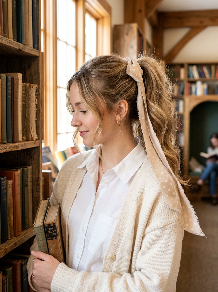 Light Academia High Ponytail With Ribbon - 20 light academia hairstyles - 20 light academia hairstyles