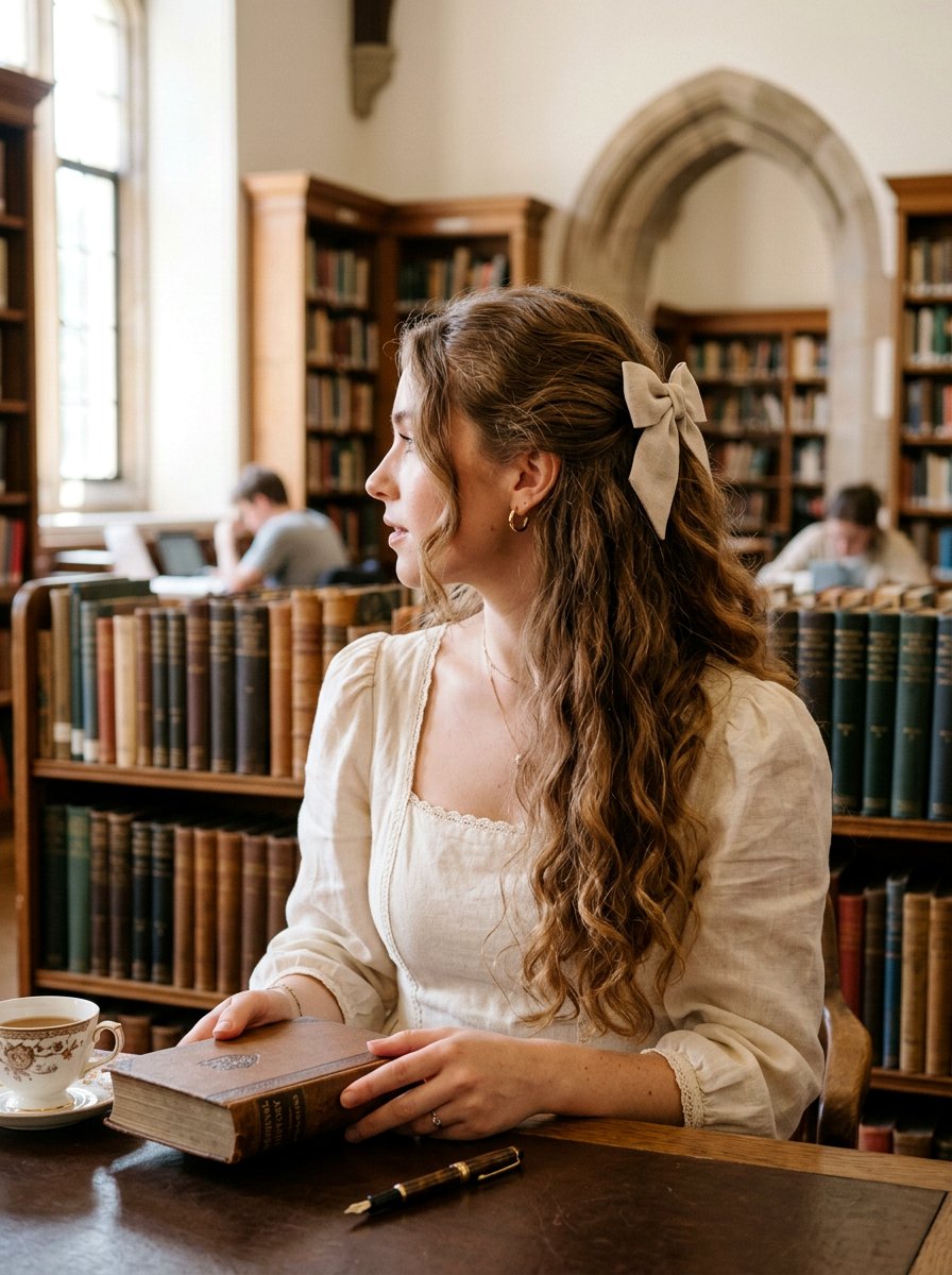 Light Academia Long Hair With Bow Accessory - 20 light academia hairstyles - 20 light academia hairstyles