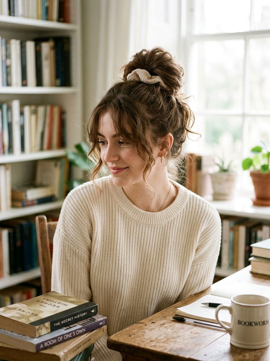 Light Academia Messy High Bun - 20 light academia hairstyles - 20 light academia hairstyles