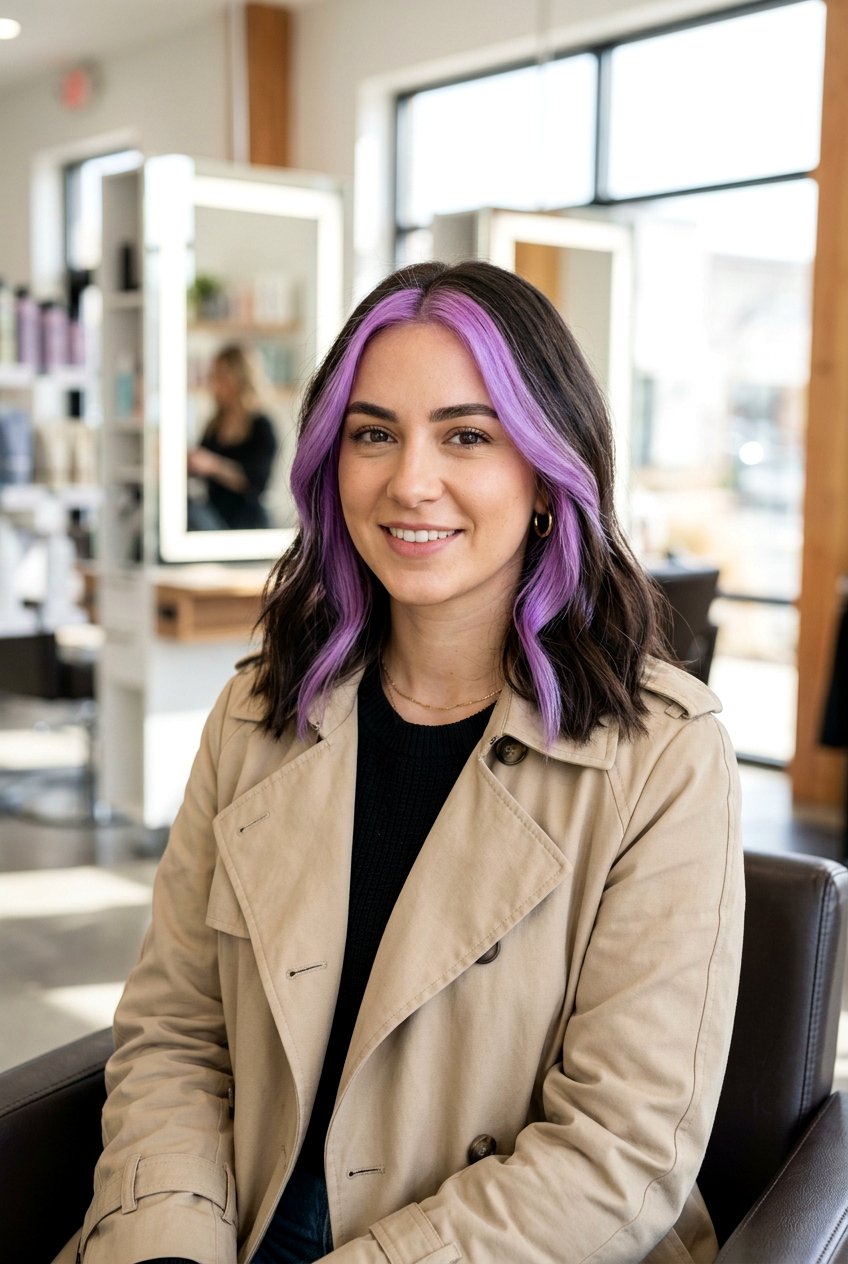 Lilac Money Piece On Shoulder Length Dark Hair - 20 lilac money piece on dark hair - 20 lilac money piece on dark hair