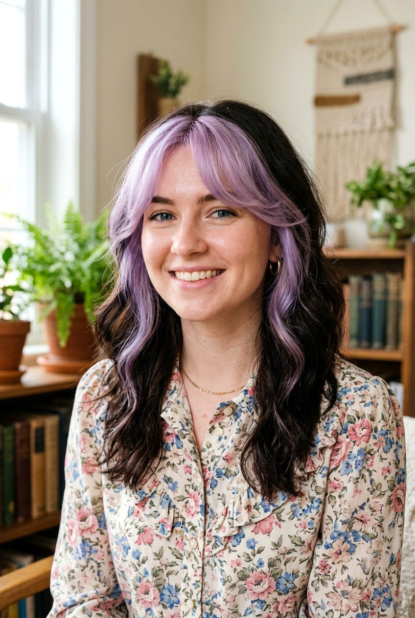 Lilac Money Piece With Curtain Bangs On Dark Hair - 20 lilac money piece on dark hair - 20 lilac money piece on dark hair