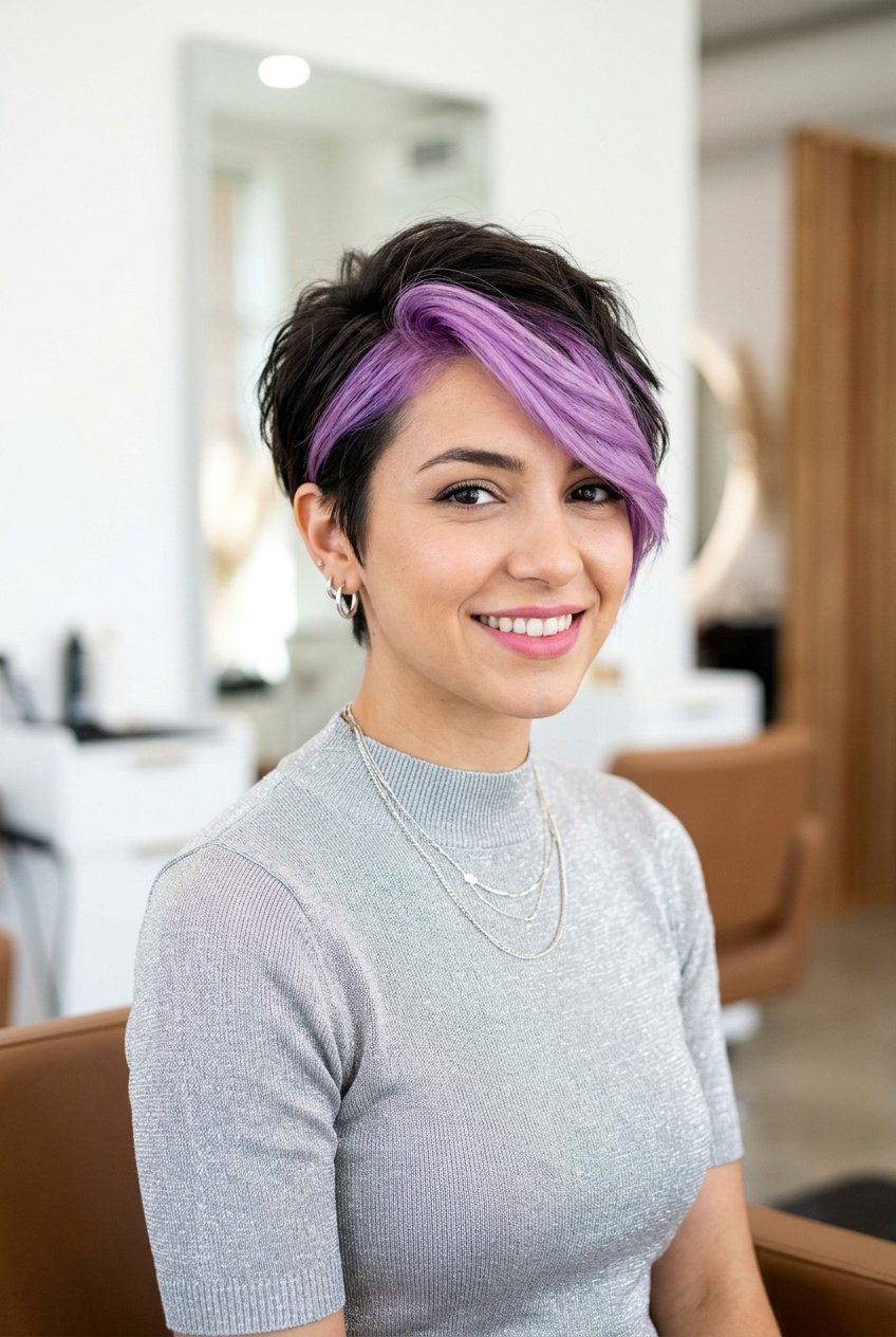 Lilac Money Piece With Dark Pixie Cut - 20 lilac money piece on dark hair - 20 lilac money piece on dark hair