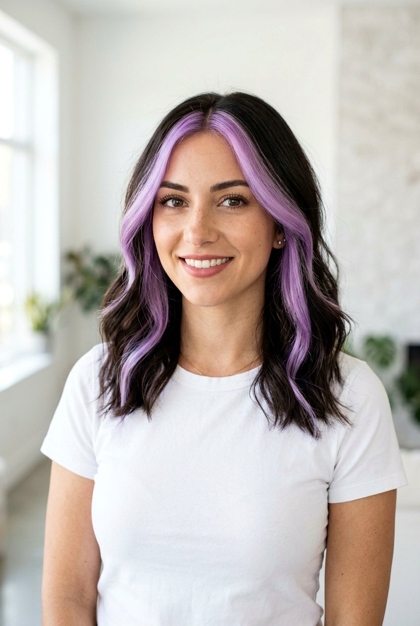 Lilac Money Piece With Medium Length Dark Hair - 20 lilac money piece on dark hair - 20 lilac money piece on dark hair