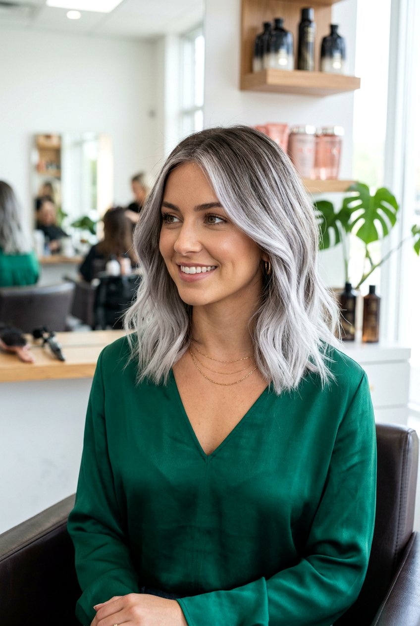 Lob Haircut Silver Balayage - 20 gray blending bob with highlights - 20 gray blending bob with highlights