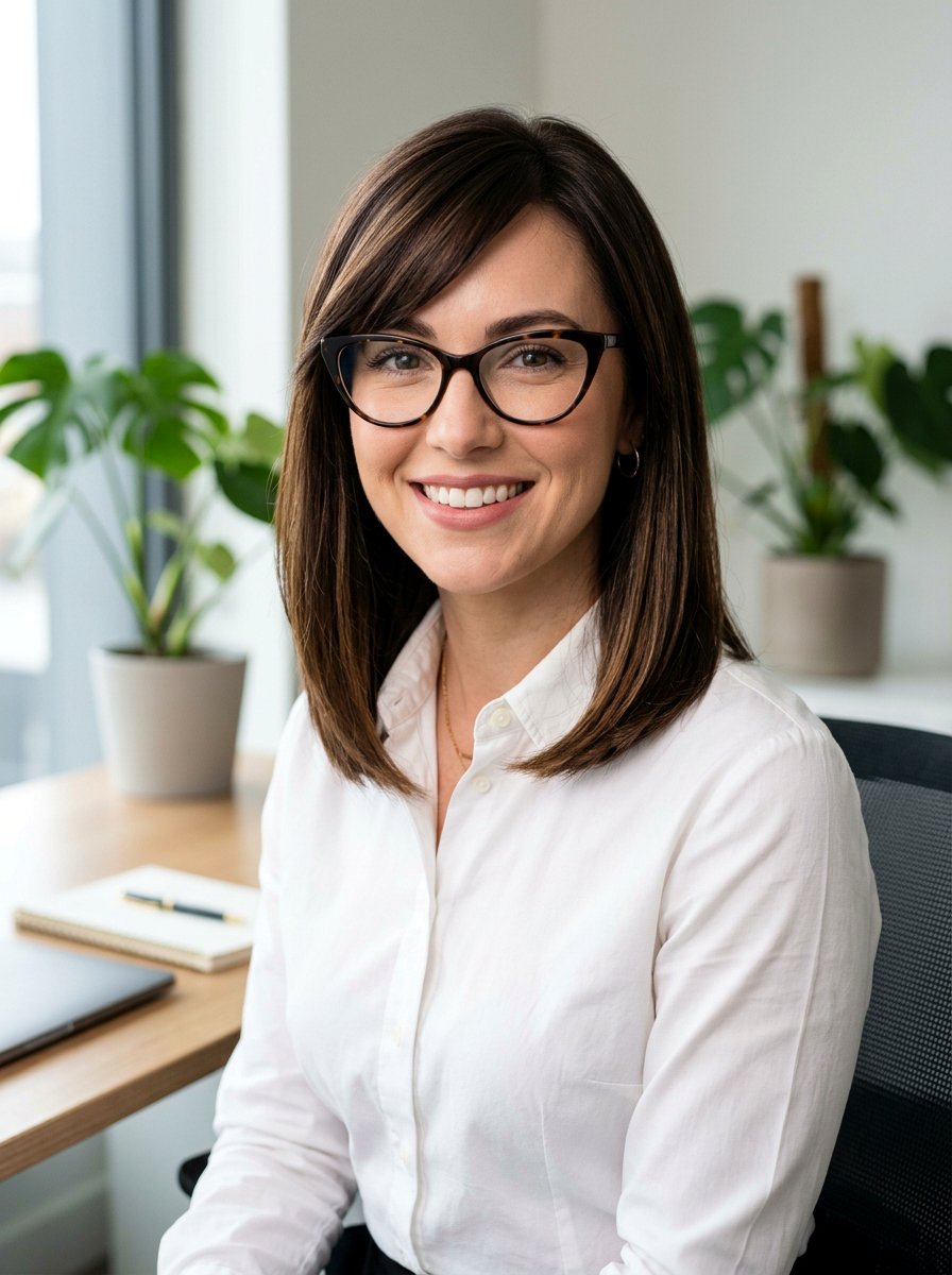 Lob haircut with side bangs - 20 shoulder length hairstyles for women with glasses - 20 shoulder length hairstyles for women with glasses