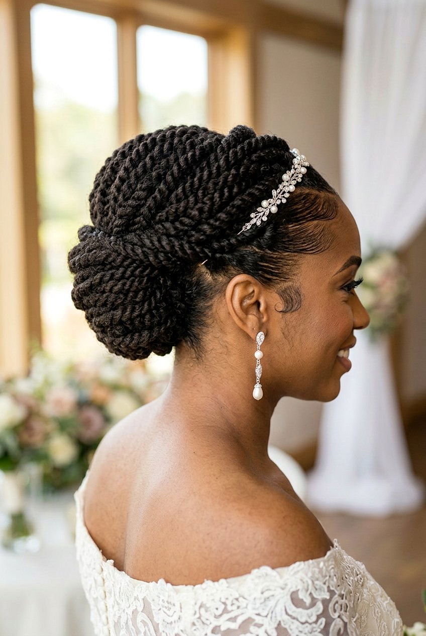 Loc Bun Updo with Floral Side Pins - 20 wedding updo for black women natural hair - 20 wedding updo for black women natural hair