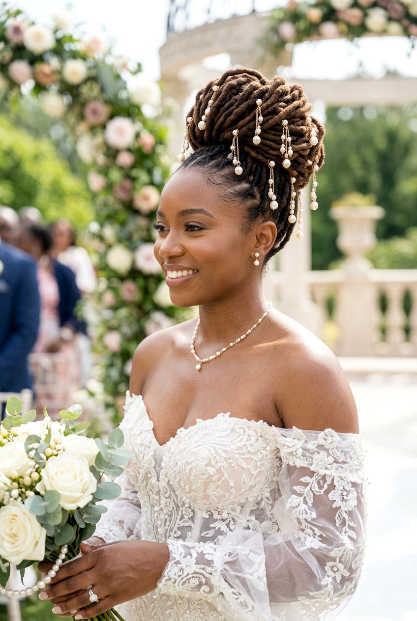 Loc Bun with Pearl Drop Pins - 20 bridal loc bun with pearls - 20 bridal loc bun with pearls