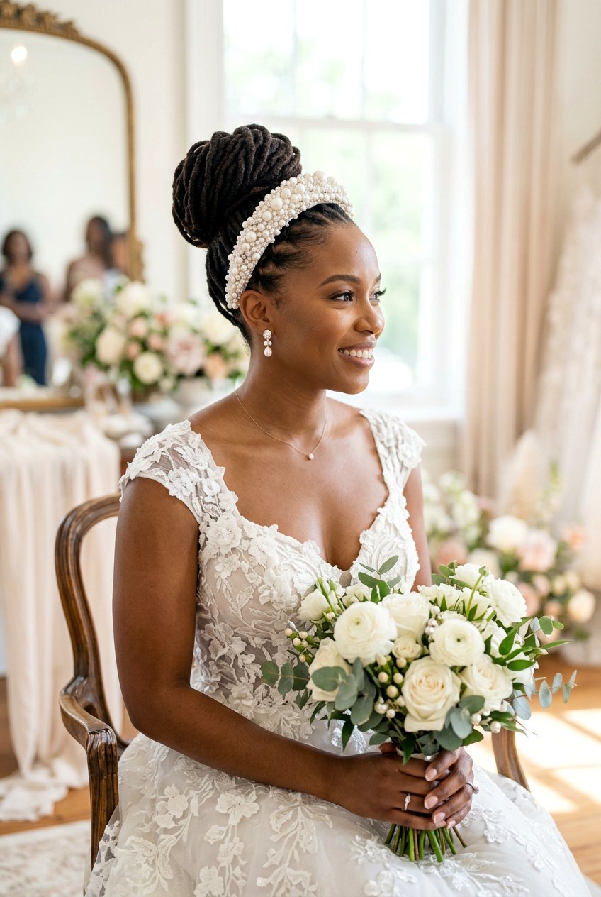 Loc Bun with Pearl Headband - 20 bridal loc bun with pearls - 20 bridal loc bun with pearls