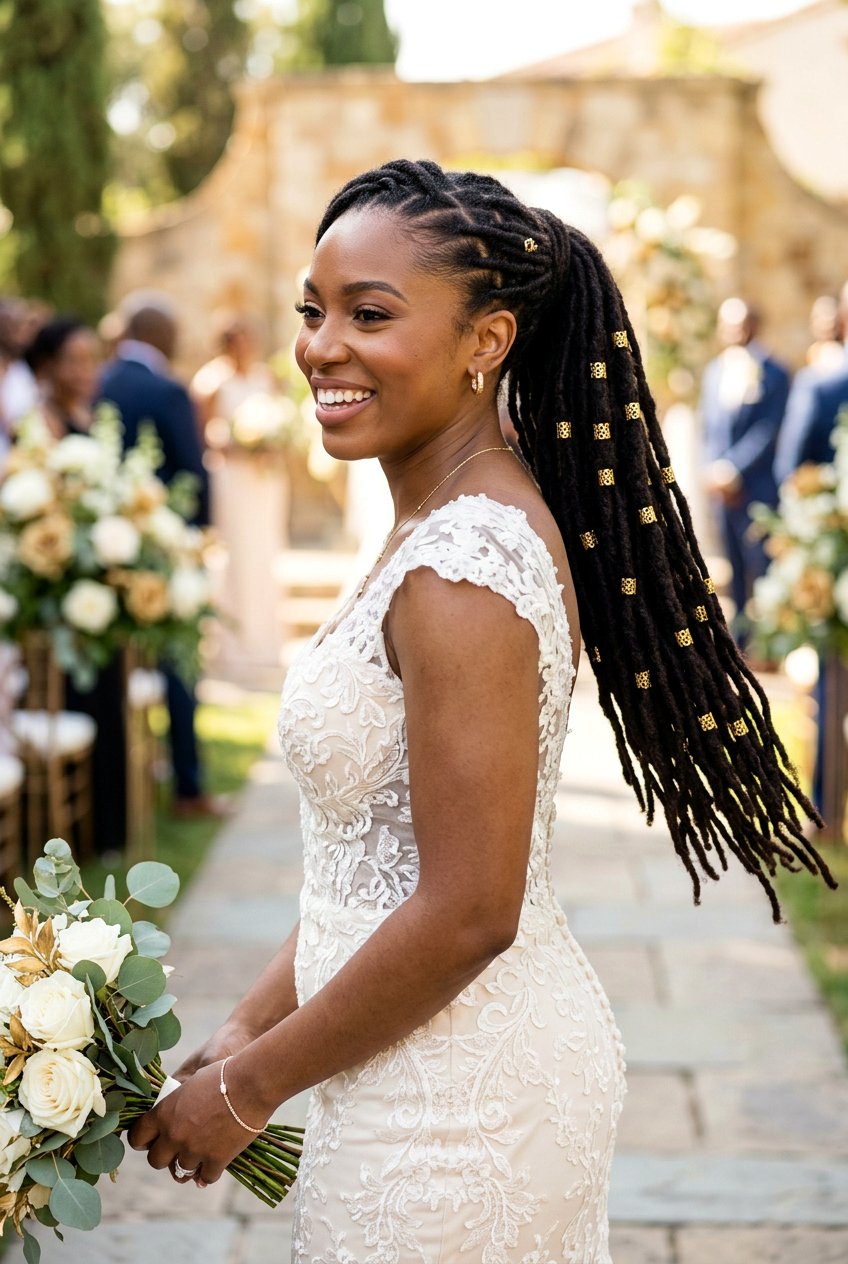 Loc Ponytail With Gold Cuffs - 20 bridal hairstyle for loc ponytail - 20 bridal hairstyle for loc ponytail
