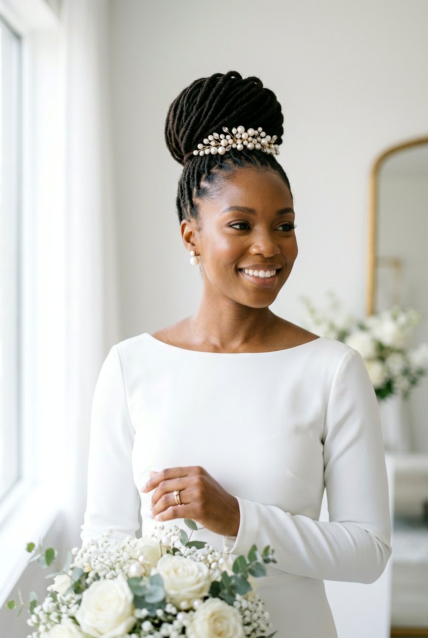 Loc Top Knot with Pearl Accessories - 20 bridal loc bun with pearls - 20 bridal loc bun with pearls