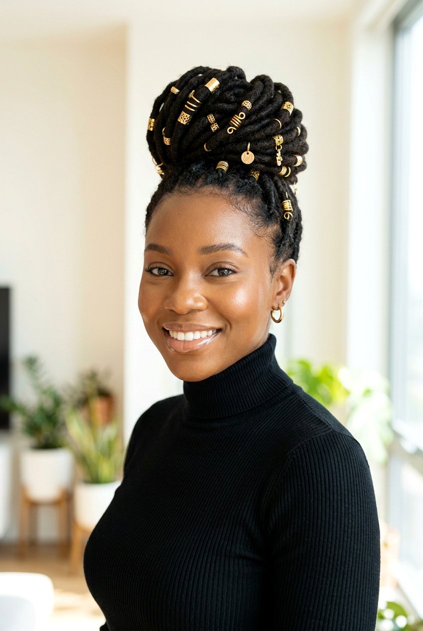 Loc bun with gold cuffs - 20 loc bun hairstyles - 20 loc bun hairstyles