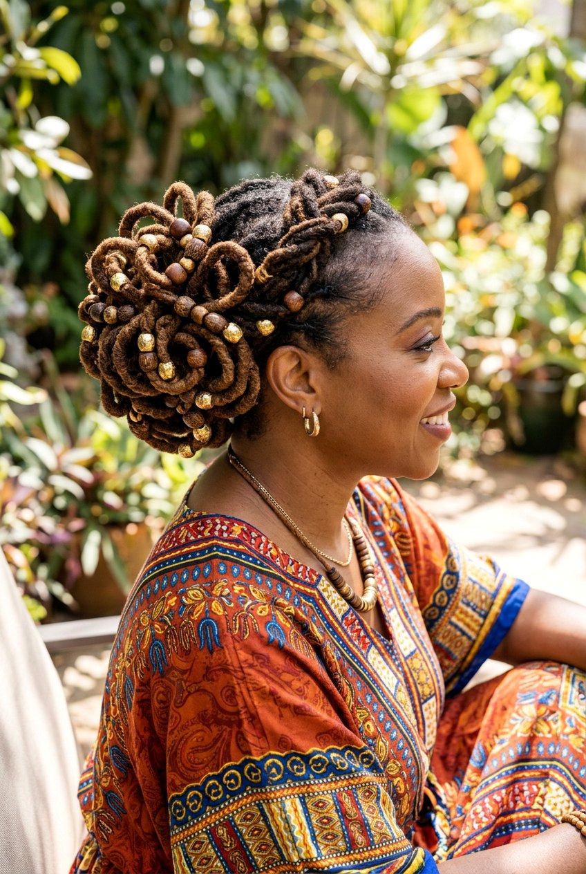 Loc petal bun with beads - 20 loc petal bun hairstyle - 20 loc petal bun hairstyle