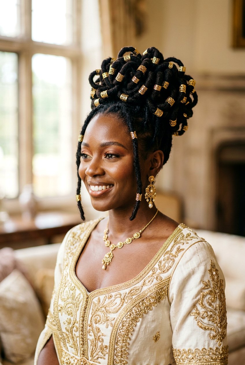 Loc petal bun with gold cuffs - 20 loc petal bun hairstyle - 20 loc petal bun hairstyle