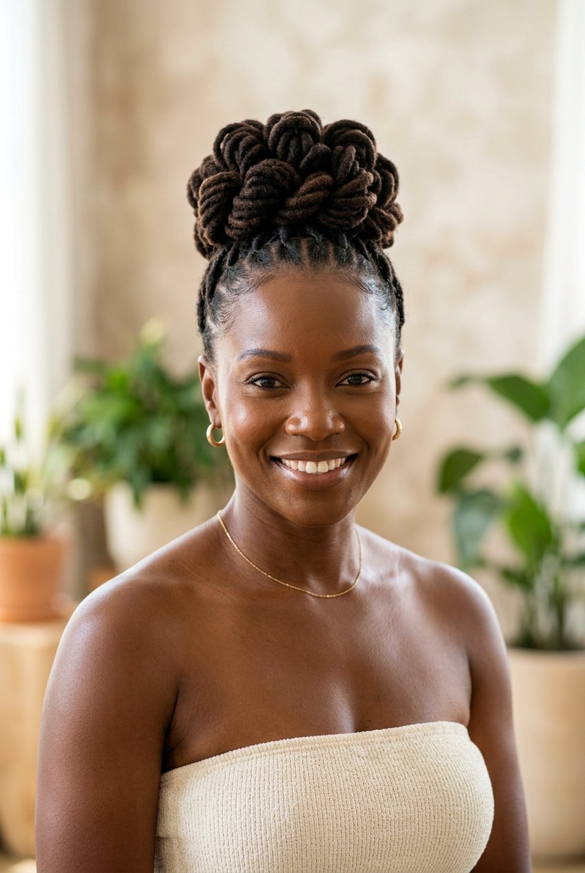 Locs Styled Into an Updo - 20 humid weather protective styles for black women - 20 humid weather protective styles for black women