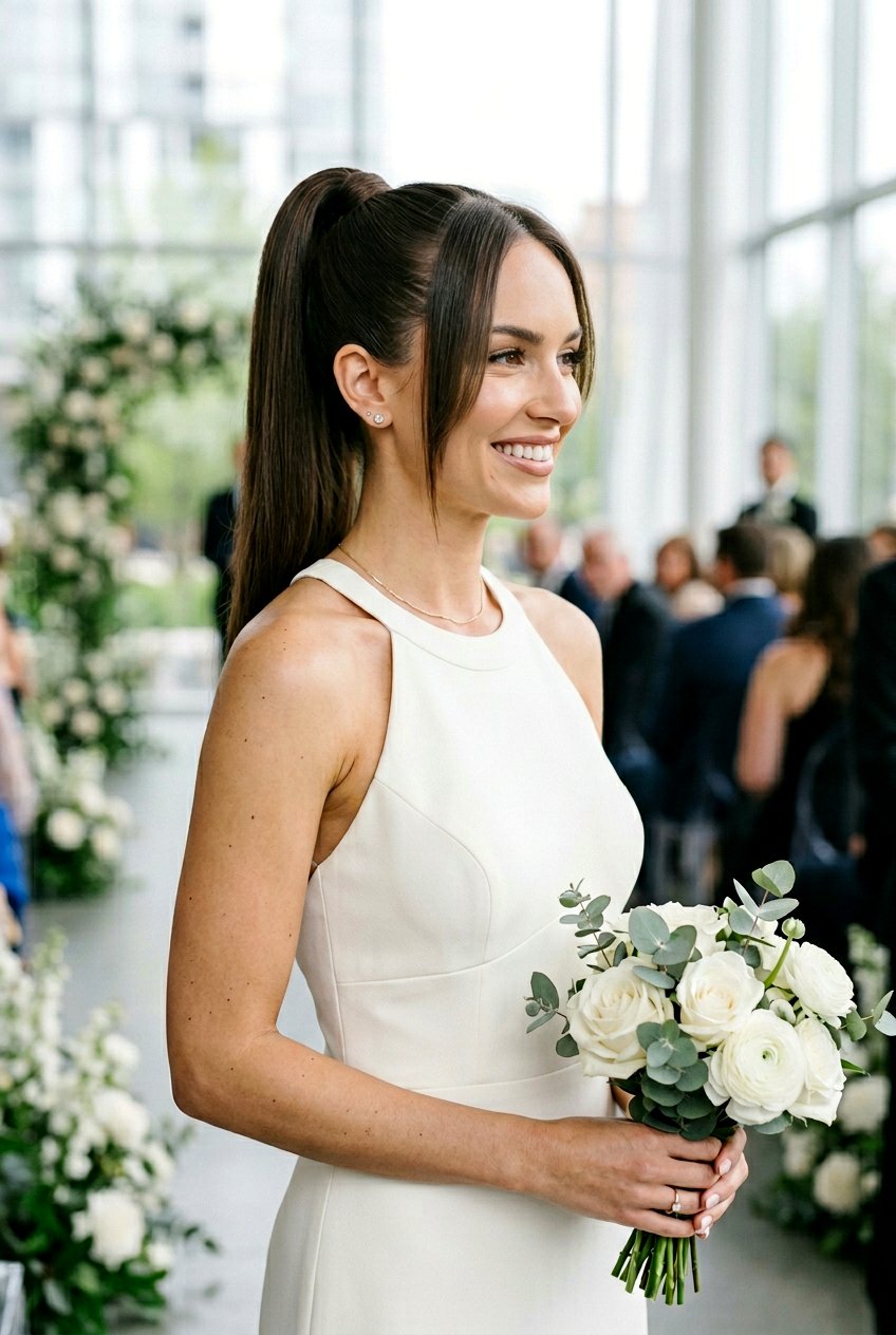 Long Bangs With Sleek Ponytail - 20 bridal hairstyle for women with bangs - 20 bridal hairstyle for women with bangs