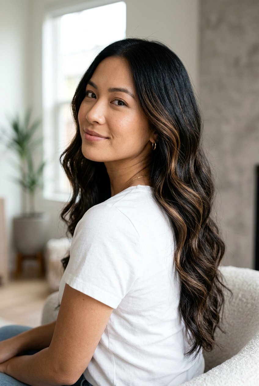 Long Black Hair With Soft Caramel Brown Highlights - 20 black hair with soft brown highlights - 20 black hair with soft brown highlights