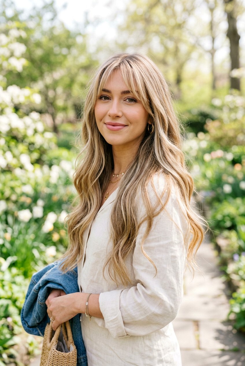 Long Blonde Balayage With Wispy Fringe - 20 long hair with wispy bangs - 20 long hair with wispy bangs