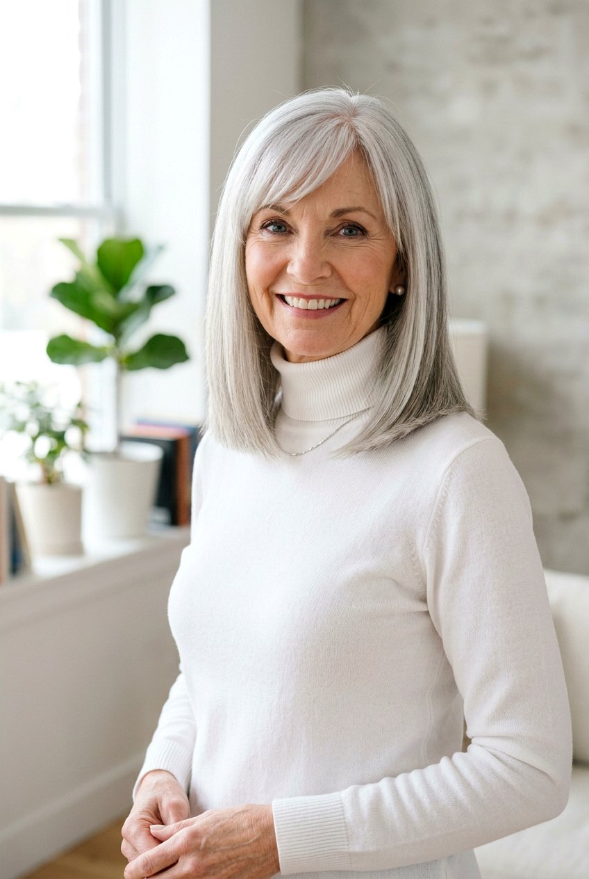 Long Blunt Cut With Side Swept Bangs - 20 long haircut for women over 70 - 20 long haircut for women over 70