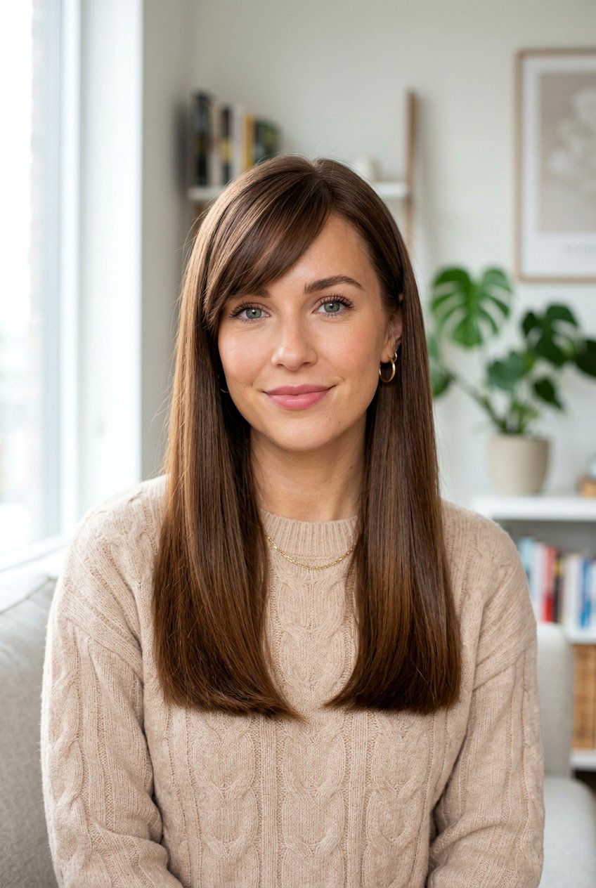 Long Blunt Cut With Side Swept Bangs - 20 long blunt haircut for straight hair - 20 long blunt haircut for straight hair