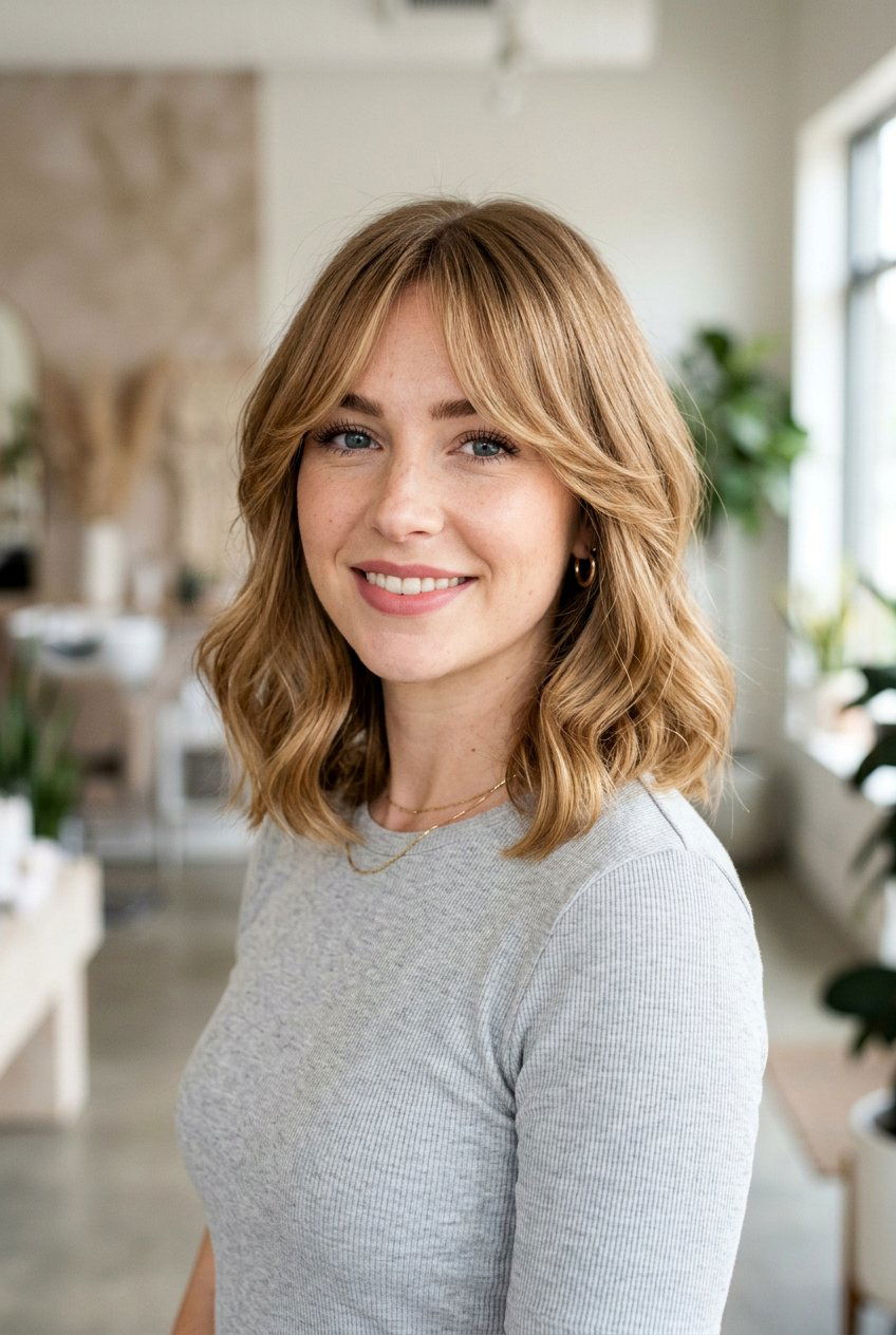 Long Bob With Curtain Bangs - 20 haircuts for round faces - 20 haircuts for round faces