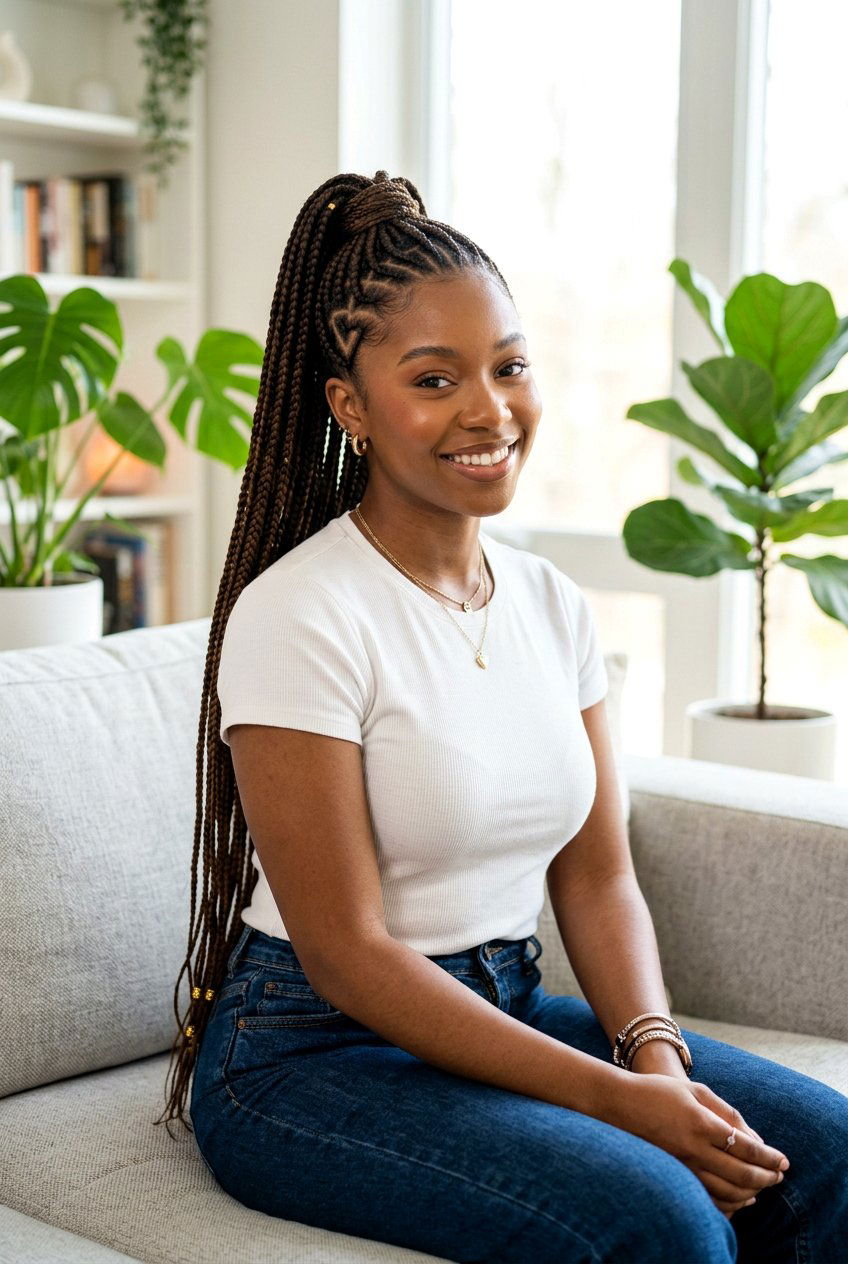 Long Braided Ponytail With Heart Part - 20 black women braided ponytail ideas - 20 black women braided ponytail ideas