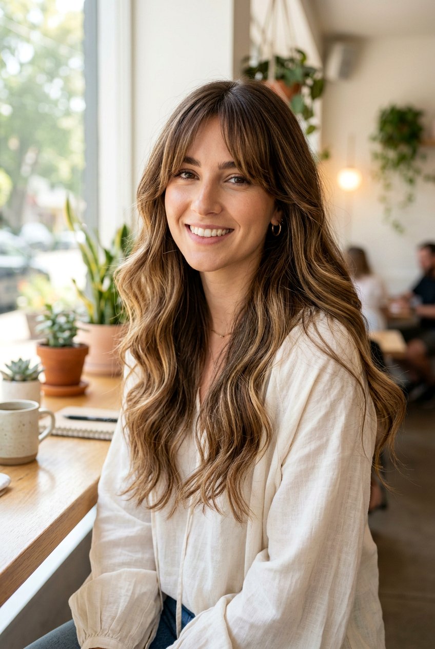 Long Brunette Balayage With Curtain Bangs And Highlights - 20 brunette balayage with face framing highlights - 20 brunette balayage with face framing highlights