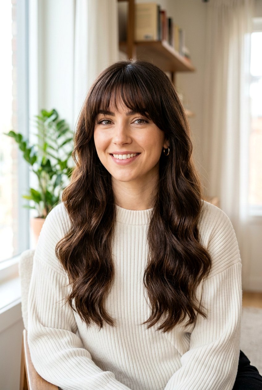 Long Brunette Hair With Bottleneck Bangs - 20 bottleneck bangs for long hair - 20 bottleneck bangs for long hair