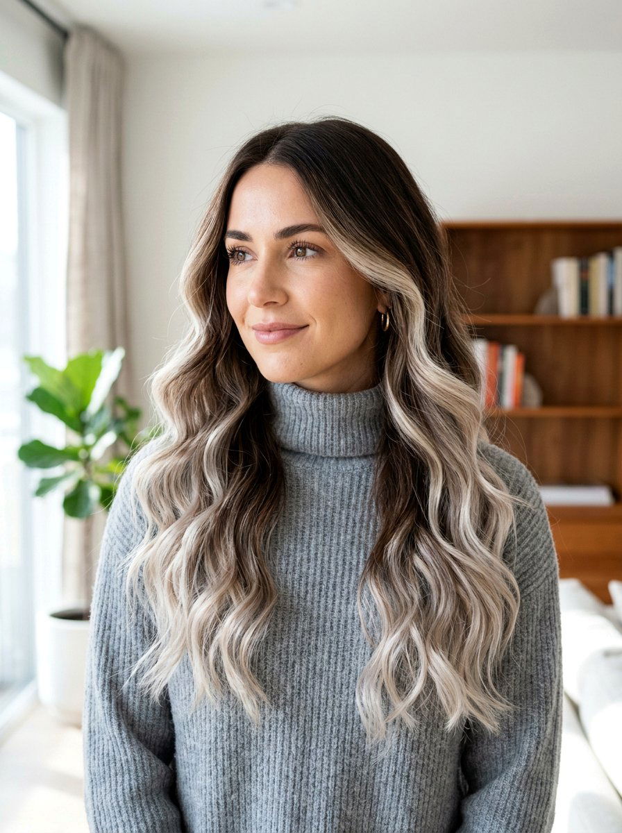 Long Brunette Hair With Cool Platinum Pieces - 20 winter brunette with cool highlights - 20 winter brunette with cool highlights