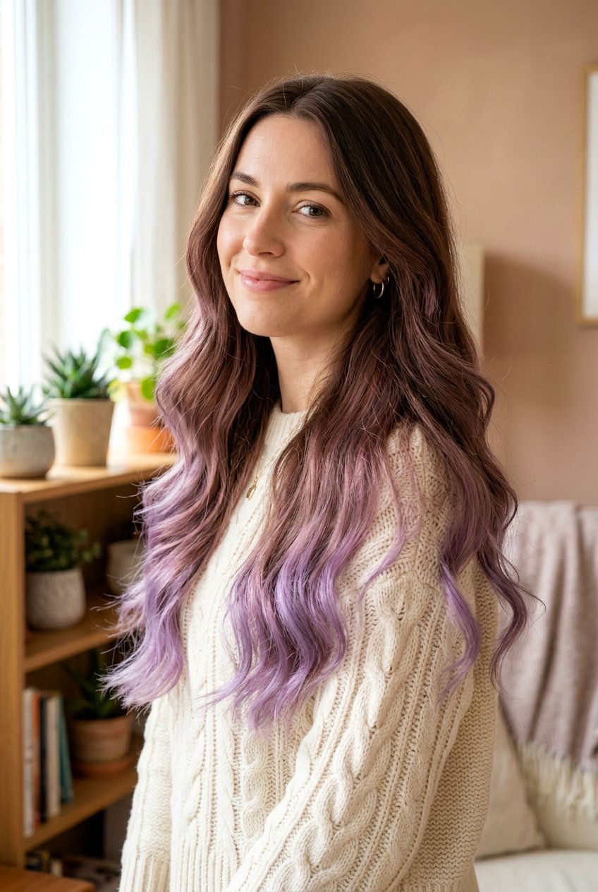 Long Brunette Hair With Dusty Mauve Ends - 20 mauve balayage on brunette hair - 20 mauve balayage on brunette hair