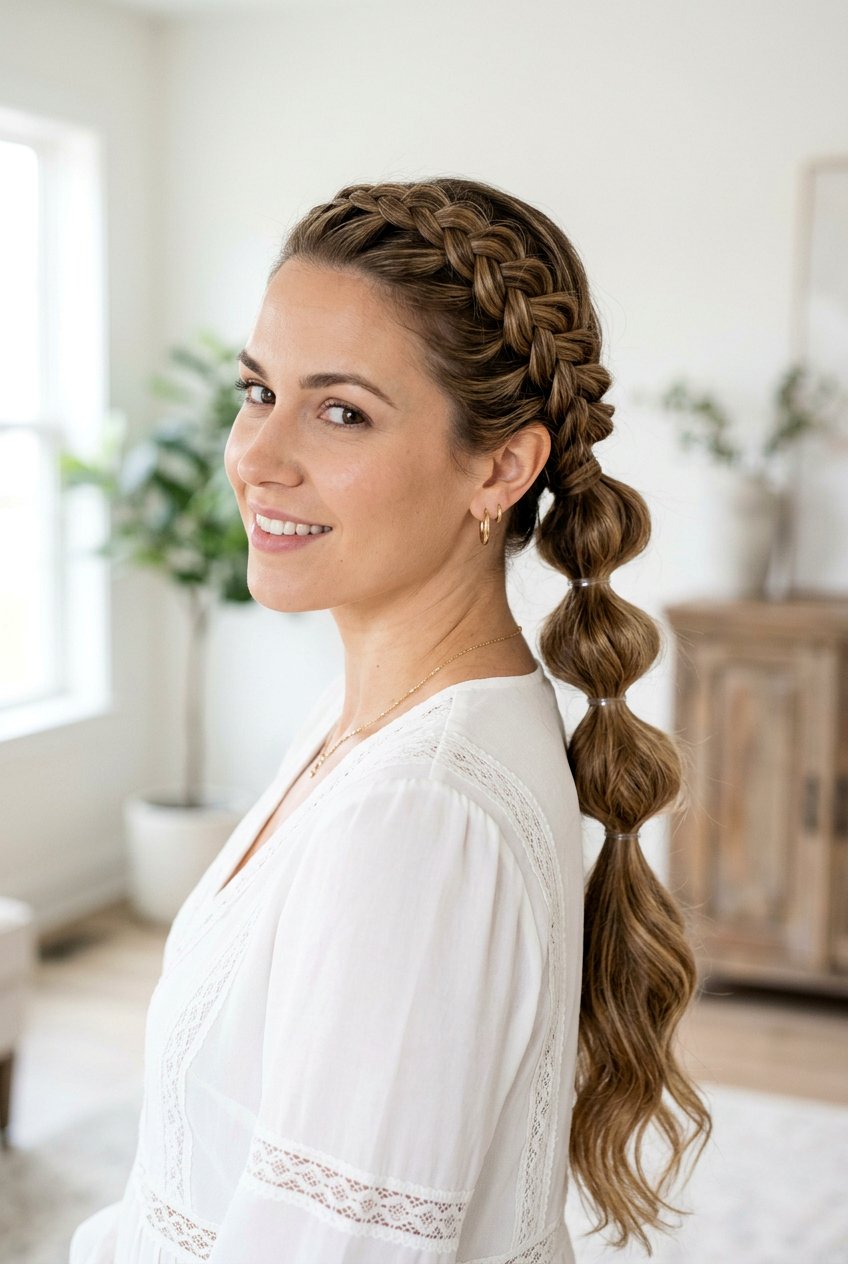 Long Bubble Ponytail With Braided Crown - 20 bubble ponytail for long hair - 20 bubble ponytail for long hair