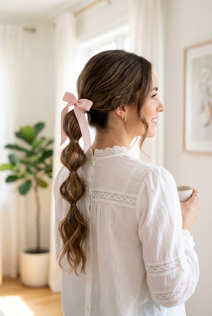 Long Bubble Ponytail With Ribbon Detail - 20 bubble ponytail for long hair - 20 bubble ponytail for long hair