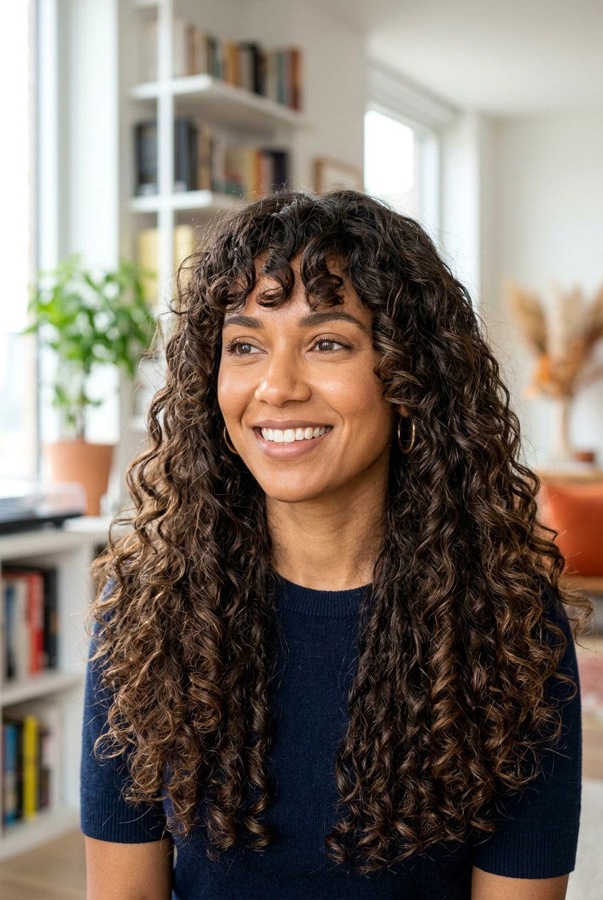 Long Curly Hair With Bottleneck Bangs - 20 curly hairstyles for long hair - 20 curly hairstyles for long hair