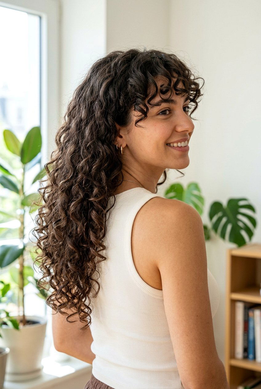 Long Curly Hair With Rounded Fringe - 20 curly fringe haircut women