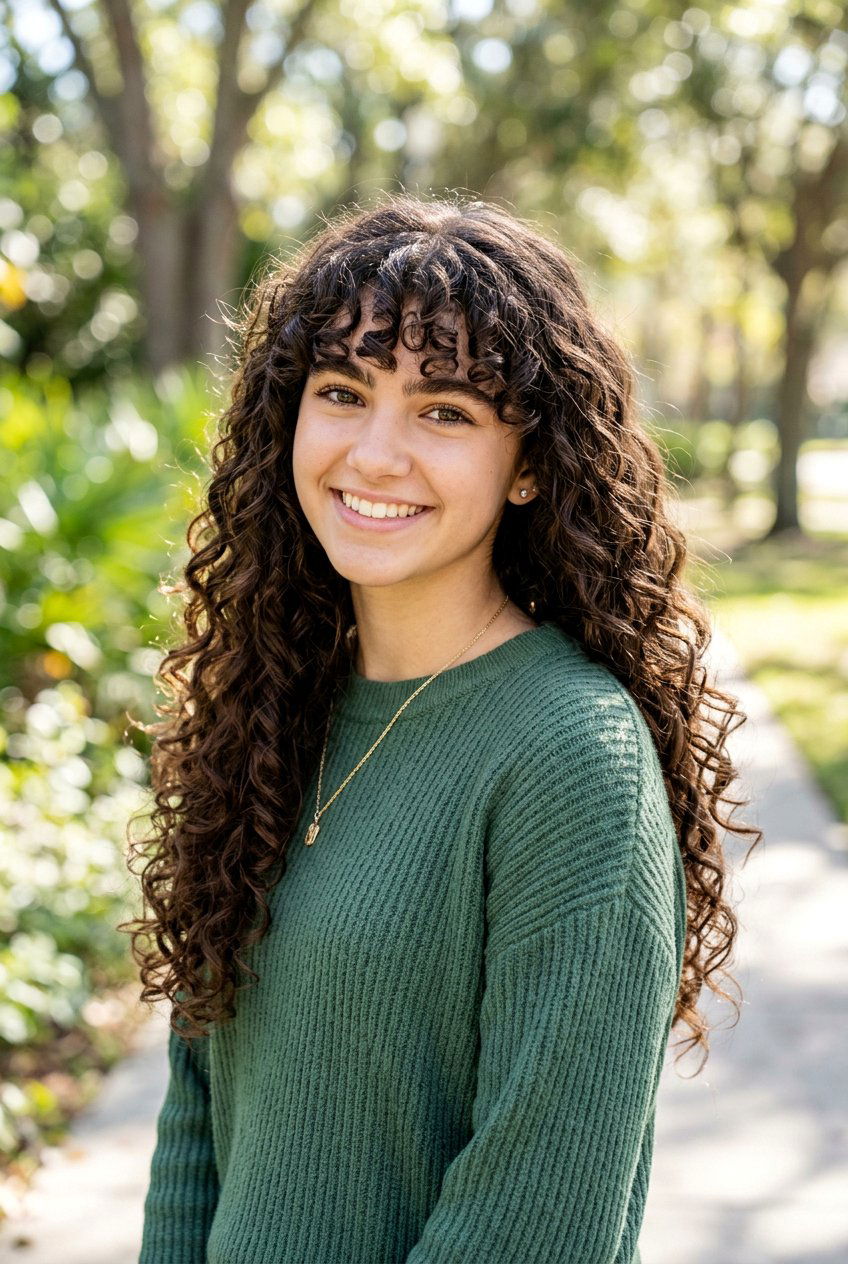 Long Curly Haircut With Curly Bangs - 20 curly haircuts for teenage girls - 20 curly haircuts for teenage girls
