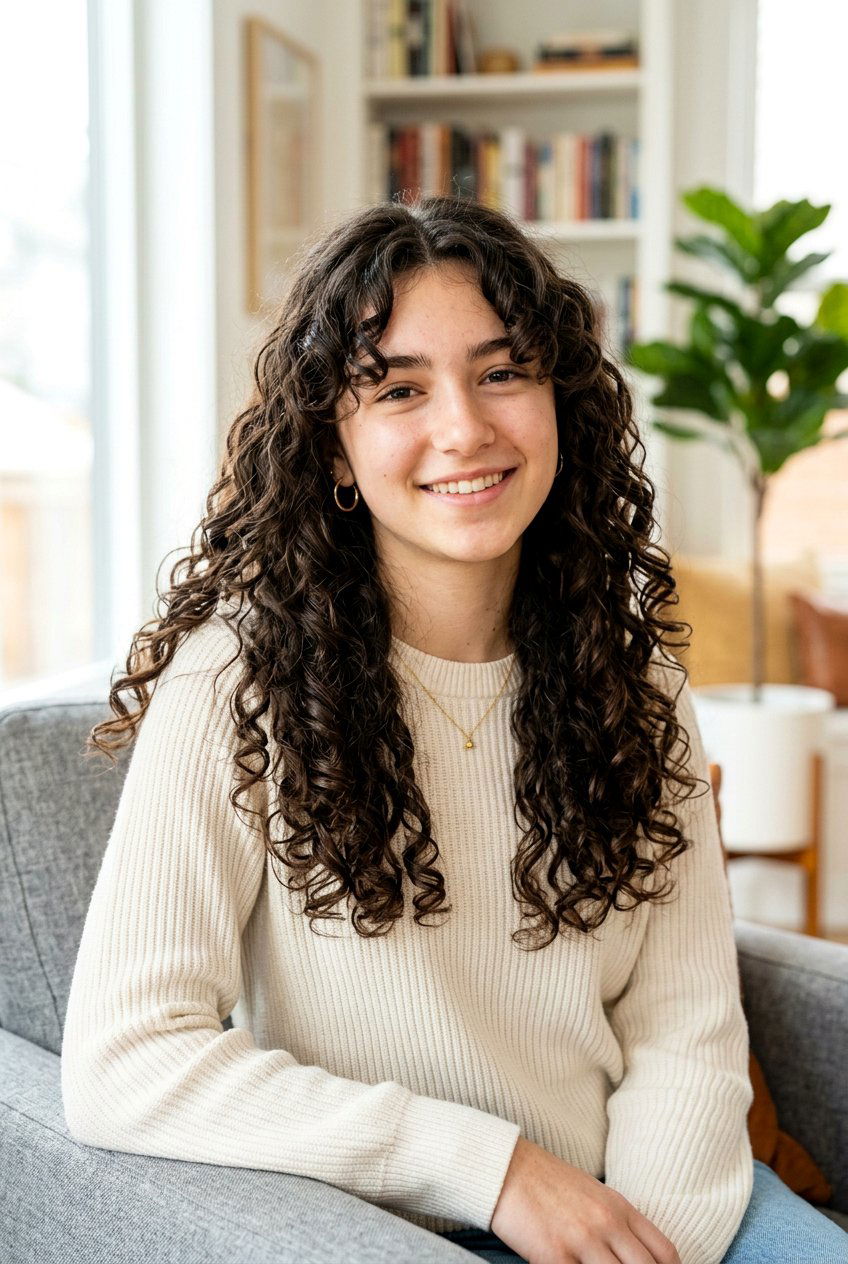 Long Curly Layers With Curtain Bangs - 20 curtain bangs for teenage girls - 20 curtain bangs for teenage girls