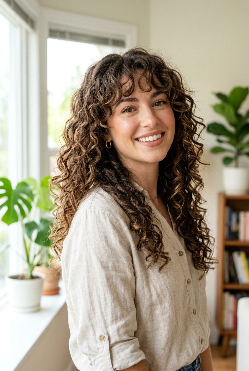 Long Curly Layers With Curtain Bangs - 20 long curly layers haircut - 20 long curly layers haircut